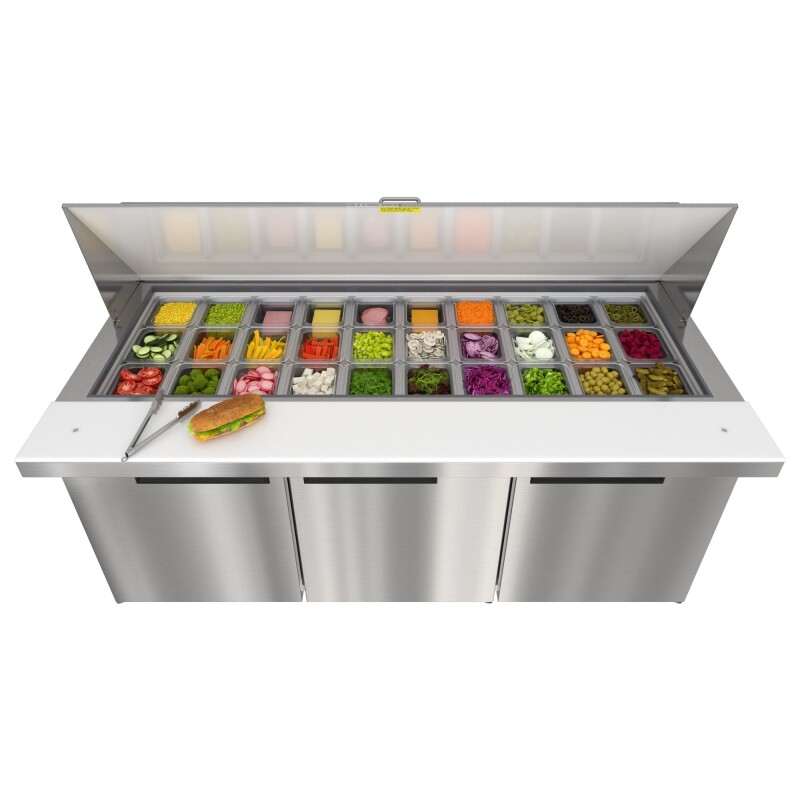 70 in. Commercial 3-Door Refrigerated Mega Salad and Sandwich Prep Table, 30 Pan Capacity and 22 Cu. Ft. of Storage in Stainless-Steel KMMPTR703D, product image 4 of 13
