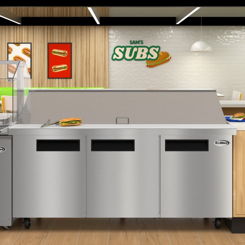 70 in. Commercial 3-Door Refrigerated Mega Salad and Sandwich Prep Table, 30 Pan Capacity and 22 Cu. Ft. of Storage in Stainless-Steel KMMPTR703D, product image 5 of 13