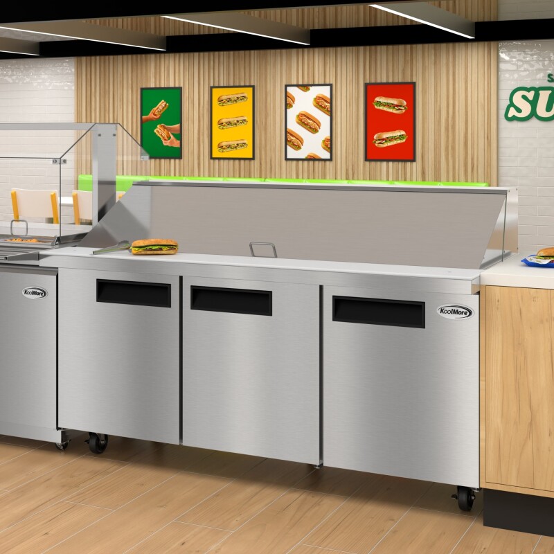 70 in. Commercial 3-Door Refrigerated Mega Salad and Sandwich Prep Table, 30 Pan Capacity and 22 Cu. Ft. of Storage in Stainless-Steel KMMPTR703D, product image 6 of 13