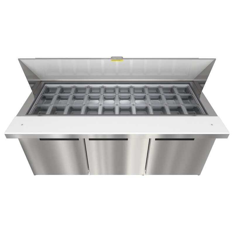 70 in. Commercial 3-Door Refrigerated Mega Salad and Sandwich Prep Table, 30 Pan Capacity and 22 Cu. Ft. of Storage in Stainless-Steel KMMPTR703D, product image 7 of 13