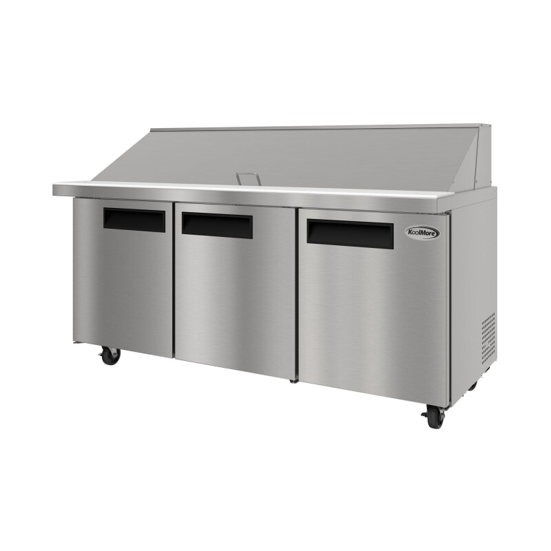 70 in. Commercial 3-Door Refrigerated Mega Salad and Sandwich Prep Table, 30 Pan Capacity and 22 Cu. Ft. of Storage in Stainless-Steel KMMPTR703D, product image 9 of 13