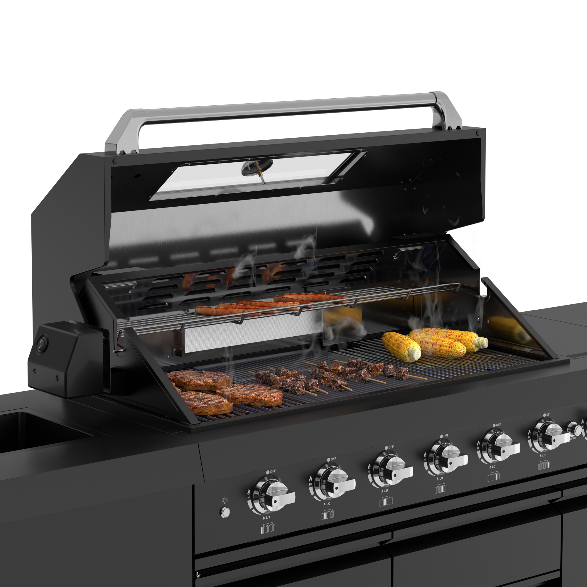 KoolMore Reserve CSA Listed Outdoor Kitchen Island in Black with 6 Burners, Sink, Storage Cabinet and Beverage Refrigerator KMOKSBQHUBBK