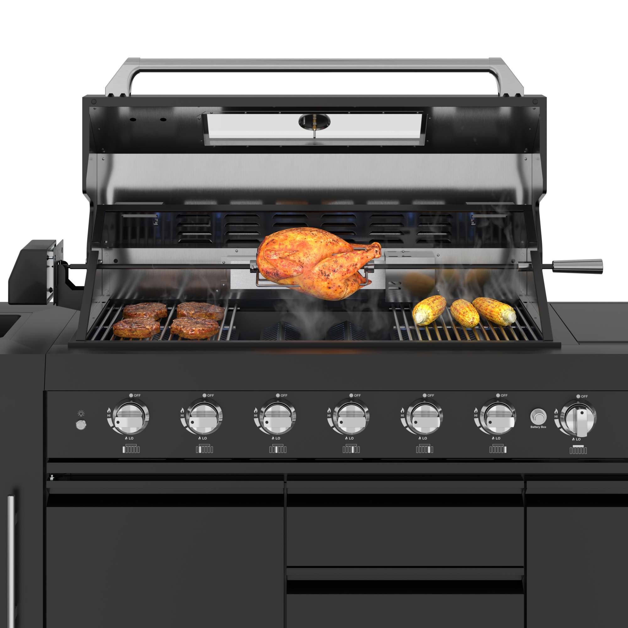 KoolMore Reserve CSA Listed Outdoor Kitchen Island in Black with 6 Burners, Sink, Storage Cabinet and Beverage Refrigerator KMOKSBQHUBBK