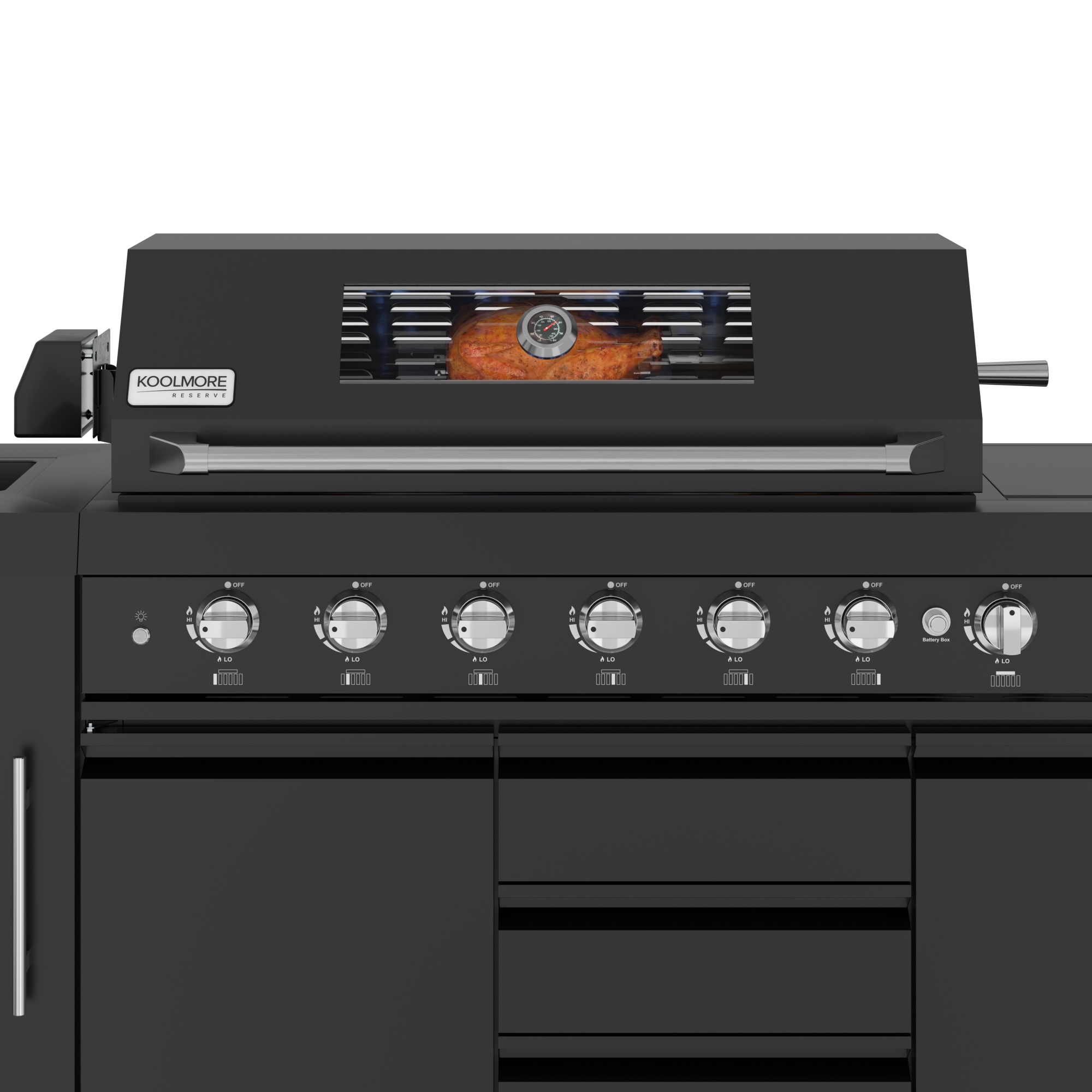 KoolMore Reserve CSA Listed Outdoor Kitchen Island in Black with 6 Burners, Sink, Storage Cabinet and Beverage Refrigerator KMOKSBQHUBBK