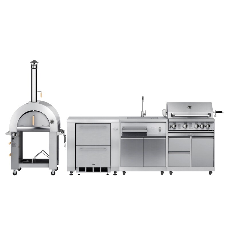 Outdoor Kitchen Series Modular Kitchen with a Dual Fuel Pizza Oven, Refrigerator and Cabinet, Double Refrigerator Drawers, Sink and 30 in. BBQ Grill and Cabinet in Stainless-Steel KMOKSKITCON