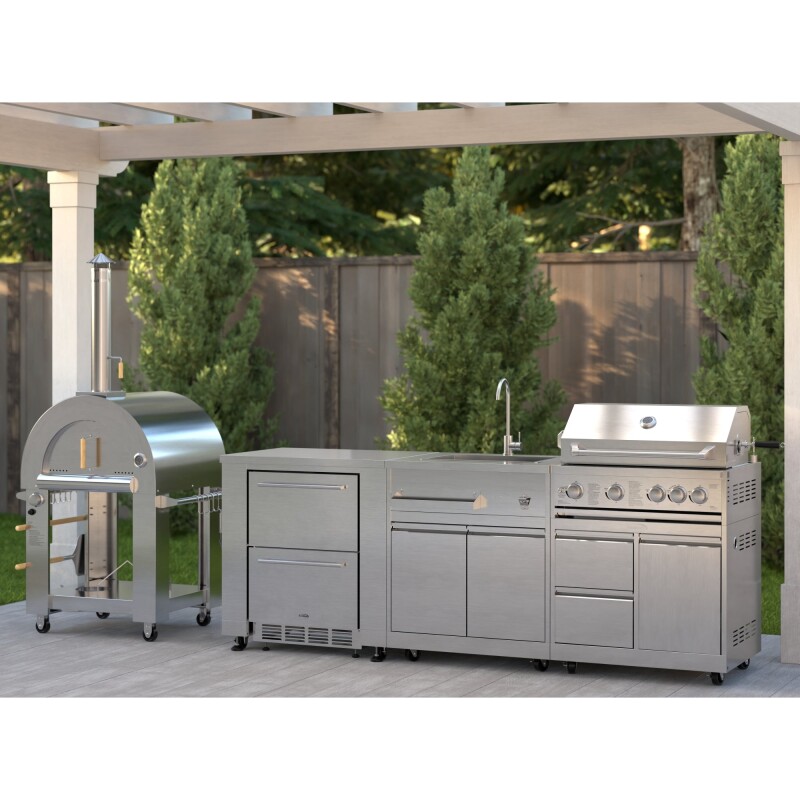 Outdoor Kitchen Series Modular Kitchen with a Dual Fuel Pizza Oven, Refrigerator and Cabinet, Double Refrigerator Drawers, Sink and 30 in. BBQ Grill and Cabinet in Stainless-Steel KMOKSKITCONFIG101, product image 2 of 10