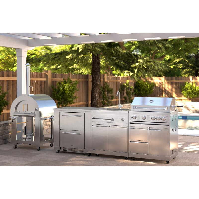 Outdoor Kitchen Series Modular Kitchen with a Dual Fuel Pizza Oven, Refrigerator and Cabinet, Double Refrigerator Drawers, Sink and 30 in. BBQ Grill and Cabinet in Stainless-Steel KMOKSKITCONFIG101, product image 3 of 10