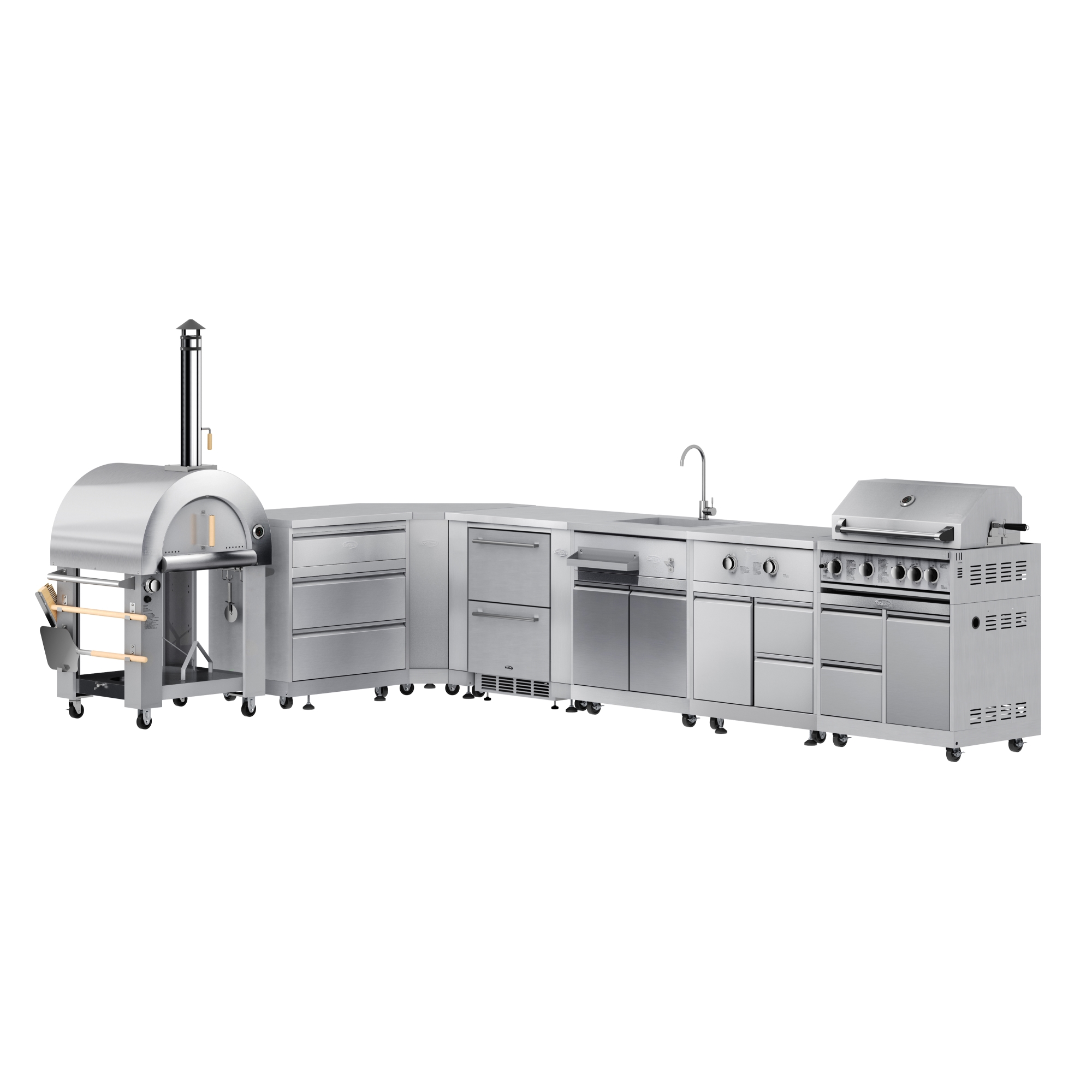 KoolMore Outdoor Kitchen Series Modular Kitchen with a Dual Fuel Pizza Oven, 3 Drawer Cabinet, Corner Cabinet, Double Refrigerator Drawers with Cabinet, Sink, Side Burner and a 30 in. BBQ Gri