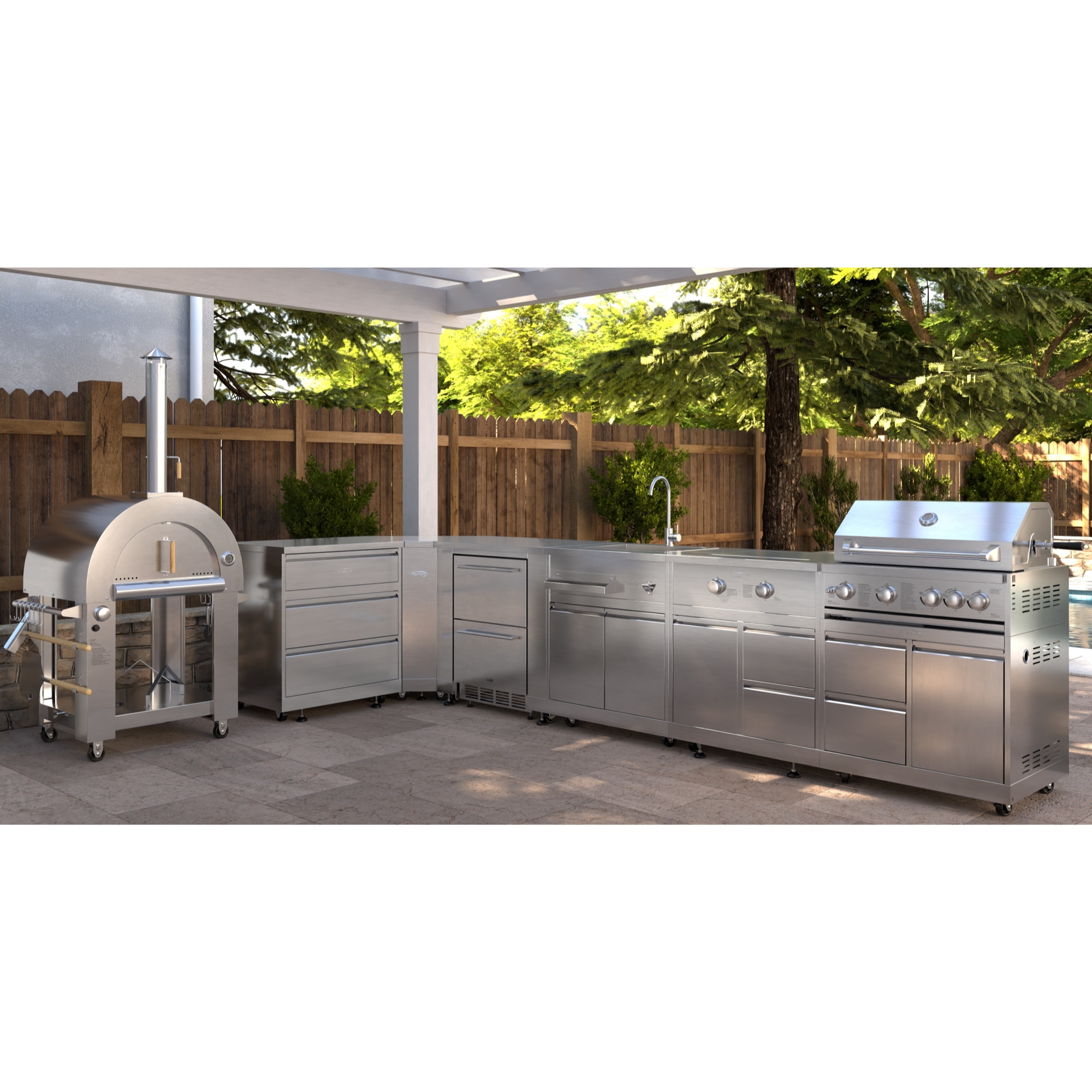KoolMore Outdoor Kitchen Series Modular Kitchen with a Dual Fuel Pizza Oven, 3 Drawer Cabinet, Corner Cabinet, Double Refrigerator Drawers with Cabinet, Sink, Side Burner and a 30 in. BBQ Gri KMOKSKITCONFIG107