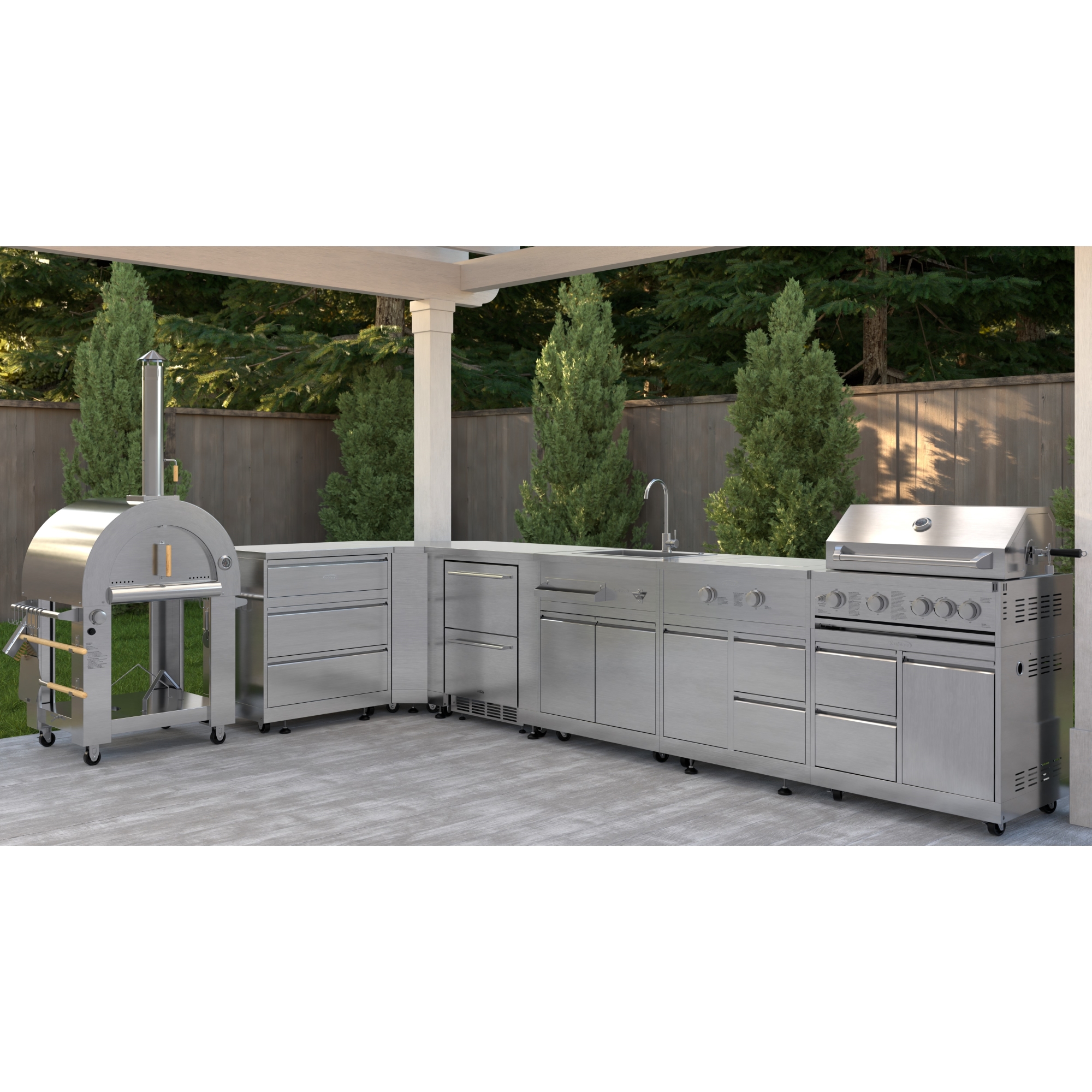 KoolMore Outdoor Kitchen Series Modular Kitchen with a Dual Fuel Pizza Oven, 3 Drawer Cabinet, Corner Cabinet, Double Refrigerator Drawers with Cabinet, Sink, Side Burner and a 30 in. BBQ Gri KMOKSKITCONFIG107