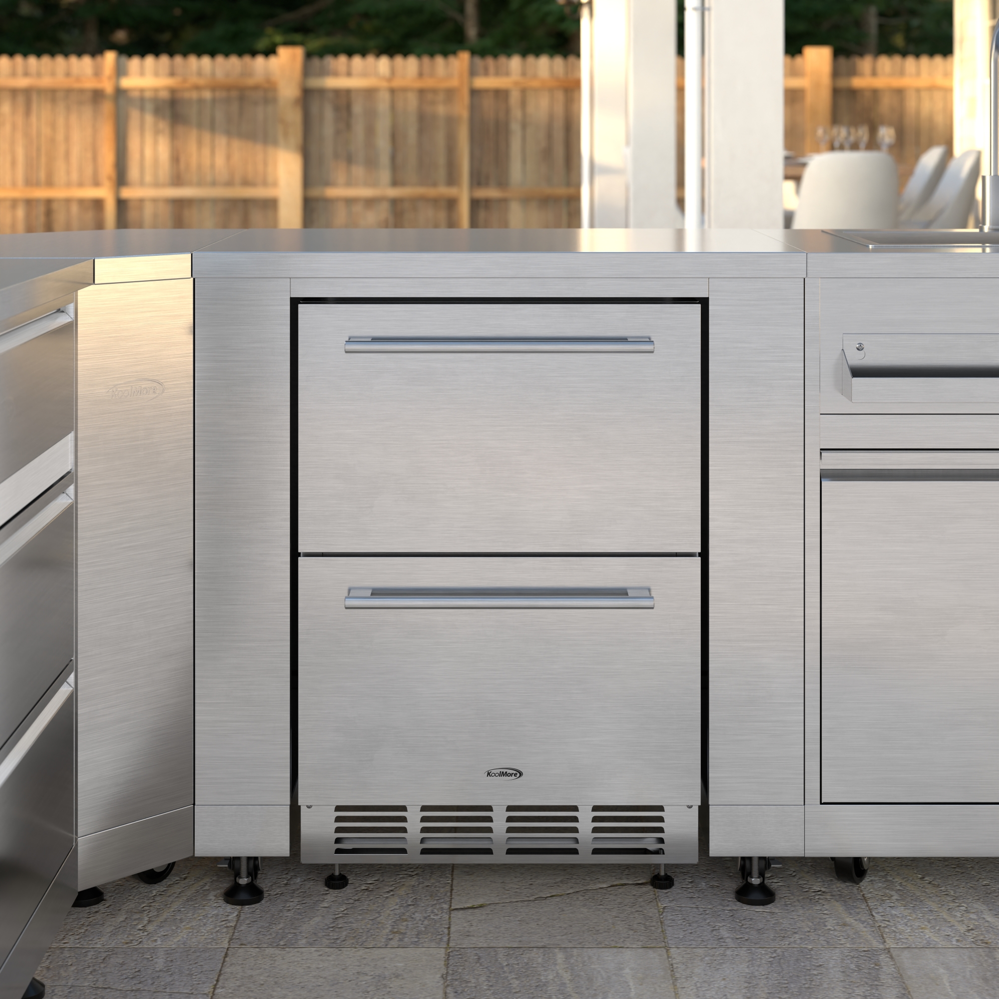 KoolMore Outdoor Kitchen Series Modular Kitchen with a Dual Fuel Pizza Oven, 3 Drawer Cabinet, Corner Cabinet, Double Refrigerator Drawers with Cabinet, Sink, Side Burner and a 30 in. BBQ Gri KMOKSKITCONFIG107
