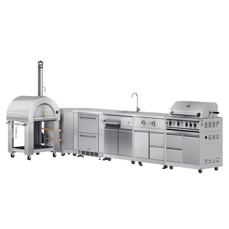 Outdoor Kitchen Series Modular Kitchen with a Wood Fire Pizza Oven, Corner Cabinet, Refrigerator and Cabinet, Sink, Side Burner and 30 in. BBQ Grill with Cabinet in Stainless-Steel KMOKSKITCO