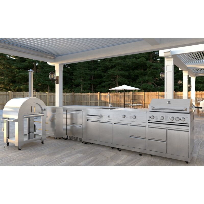 Outdoor Kitchen Series Modular Kitchen with a Wood Fire Pizza Oven, Corner Cabinet, Refrigerator and Cabinet, Sink, Side Burner and 30 in. BBQ Grill with Cabinet in Stainless-Steel KMOKSKITCONFIG112, product image 2 of 10