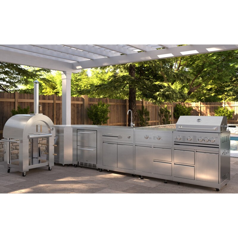 Outdoor Kitchen Series Modular Kitchen with a Wood Fire Pizza Oven, Corner Cabinet, Refrigerator and Cabinet, Sink, Side Burner and 30 in. BBQ Grill with Cabinet in Stainless-Steel KMOKSKITCONFIG112, product image 3 of 10