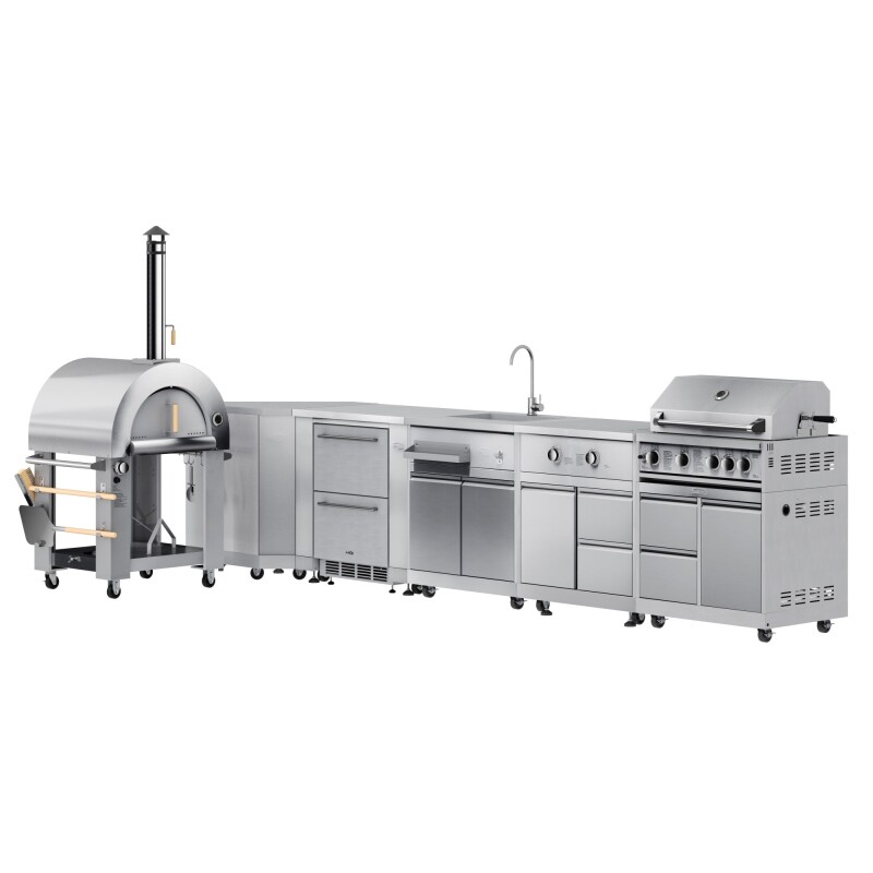 Outdoor Kitchen Series Modular Kitchen with a Dual Fuel Pizza Oven, Corner Cabinet, Refrigerator and Cabinet, Sink, Side Burner and 30 in. BBQ Grill with Cabinet in Stainless-Steel KMOKSKITCO