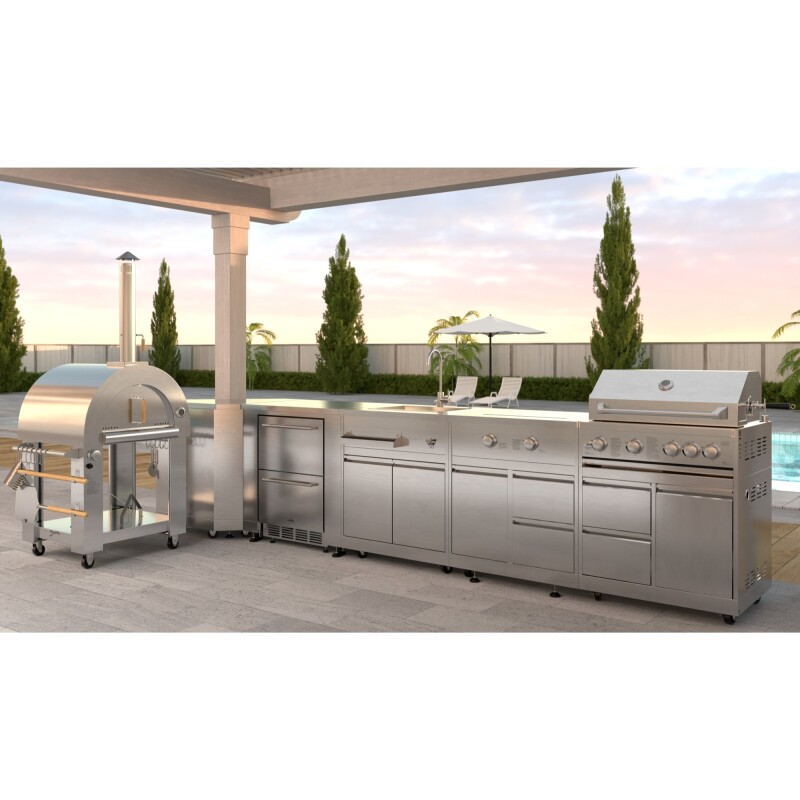 Outdoor Kitchen Series Modular Kitchen with a Dual Fuel Pizza Oven, Corner Cabinet, Refrigerator and Cabinet, Sink, Side Burner and 30 in. BBQ Grill with Cabinet in Stainless-Steel KMOKSKITCONFIG113, product image 2 of 11