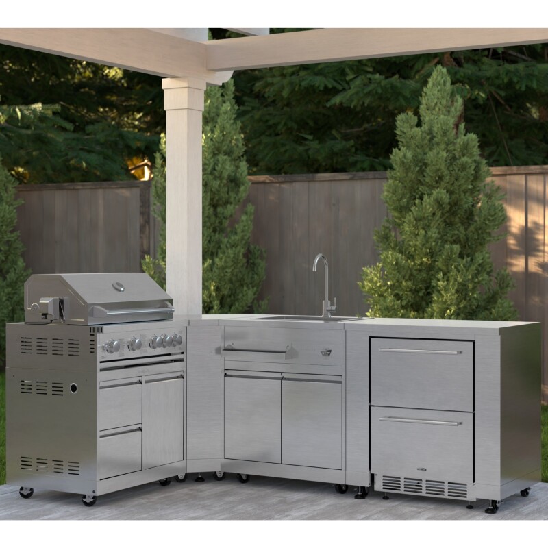 Outdoor Kitchen Series Modular Kitchen with a 30 in. BBQ Grill And Grill Cabinet, Corner Cabinet, Sink, Refrigerator and Cabinet in Stainless-Steel KMOKSKITCONFIG115, product image 2 of 8