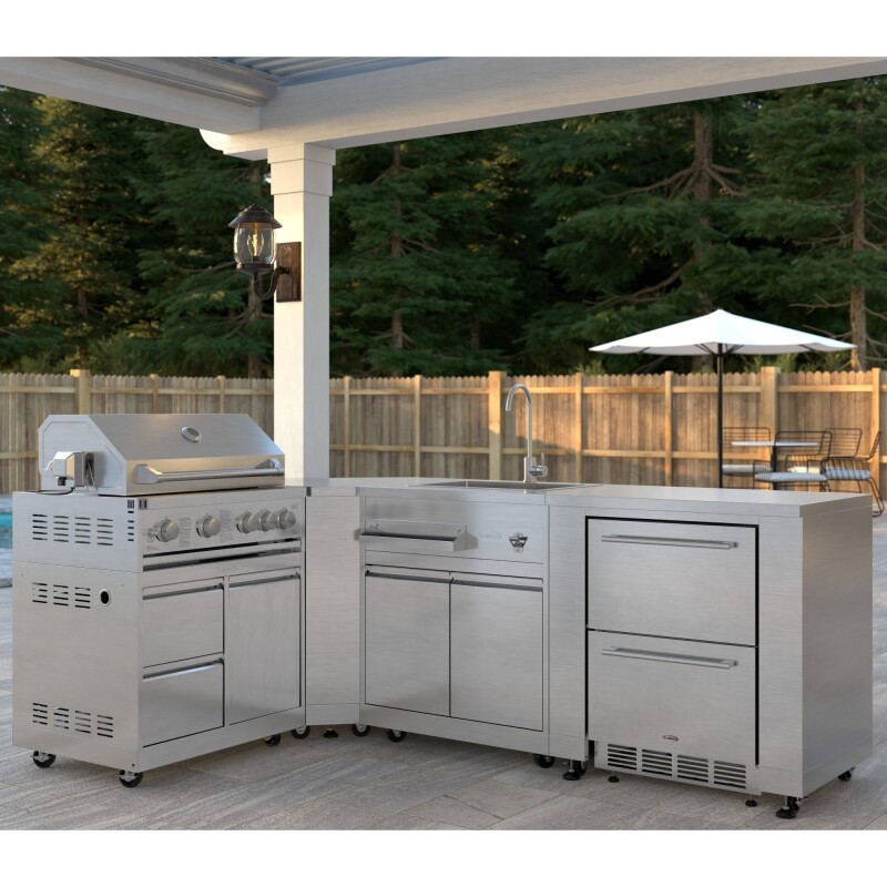 Outdoor Kitchen Series Modular Kitchen with a 30 in. BBQ Grill And Grill Cabinet, Corner Cabinet, Sink, Refrigerator and Cabinet in Stainless-Steel KMOKSKITCONFIG115, product image 3 of 8
