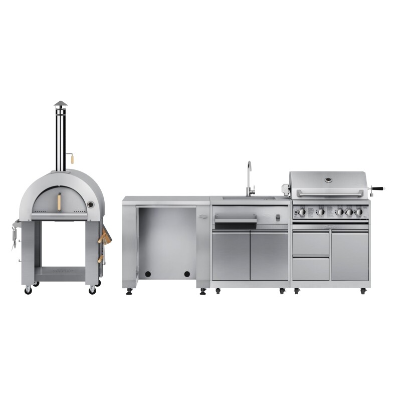 Outdoor Kitchen Series Modular Kitchen with a Wood Fire Pizza Oven, Refrigerator and Cabinet, Sink, 30 in. BBQ Grill and Grill Cabinet in Stainless-Steel KMOKSKITCONFIG117