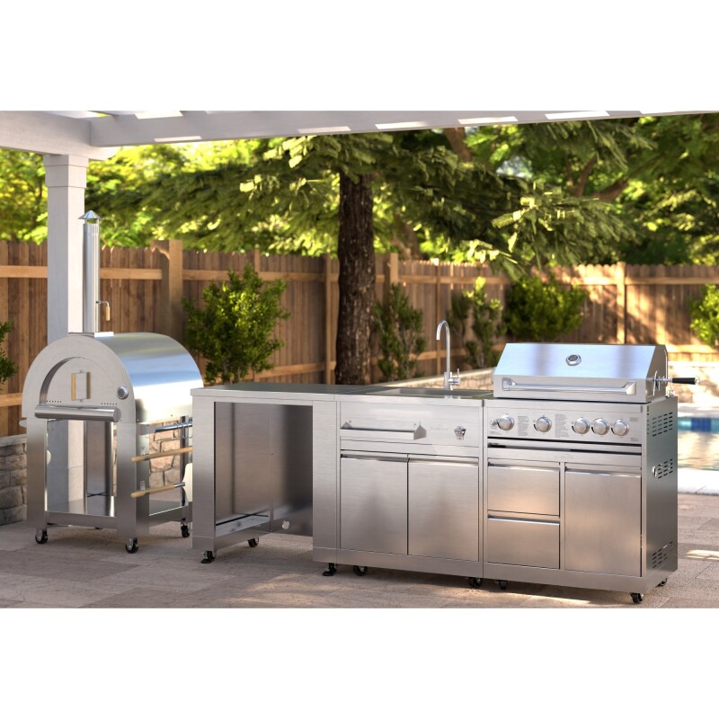 Outdoor Kitchen Series Modular Kitchen with a Wood Fire Pizza Oven, Refrigerator and Cabinet, Sink, 30 in. BBQ Grill and Grill Cabinet in Stainless-Steel KMOKSKITCONFIG117, product image 4 of 9