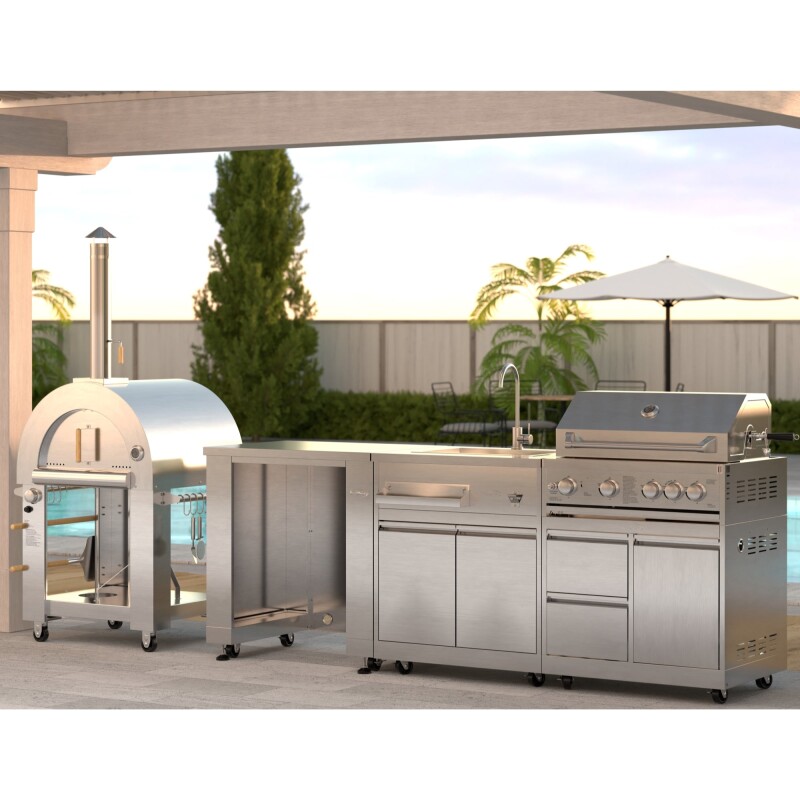 Outdoor Kitchen Series Modular Kitchen with a Dual Fuel Pizza Oven, Refrigerator and Cabinet, Sink, 30 in. BBQ Grill And Grill Cabinet in Stainless-Steel KMOKSKITCONFIG118, product image 4 of 9