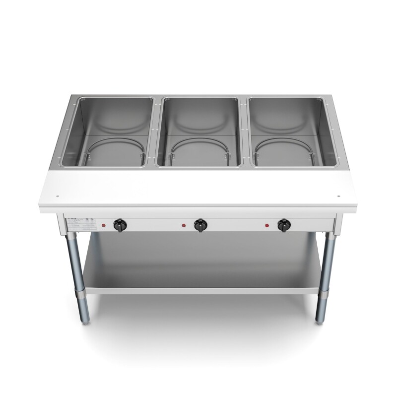 Three Pan Open Well Electric Steam Table with Undershelf KMOWS3, product image 2 of 9