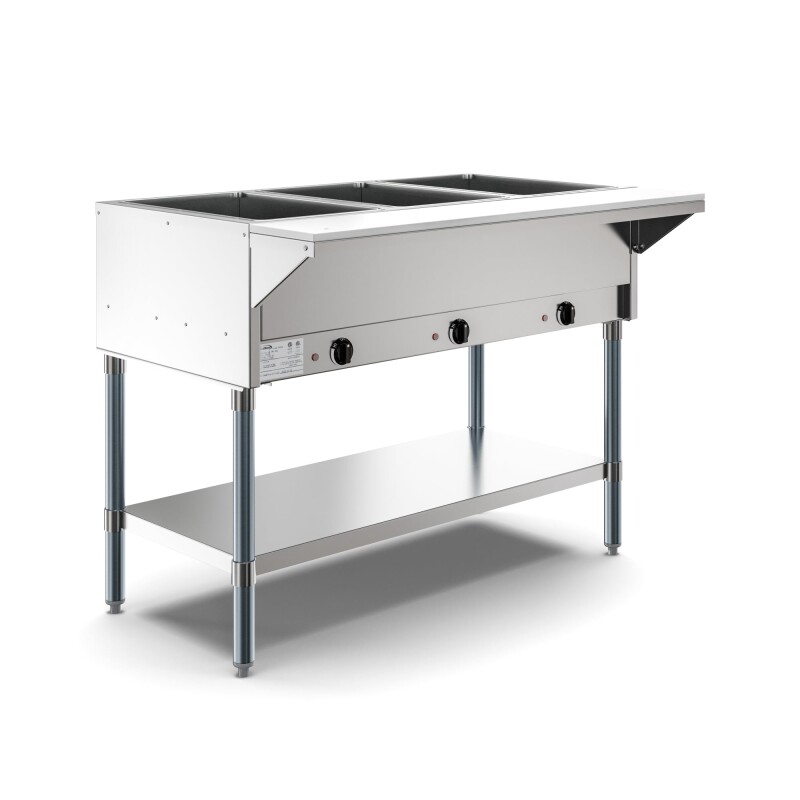 Three Pan Open Well Electric Steam Table with Undershelf KMOWS3, product image 3 of 9