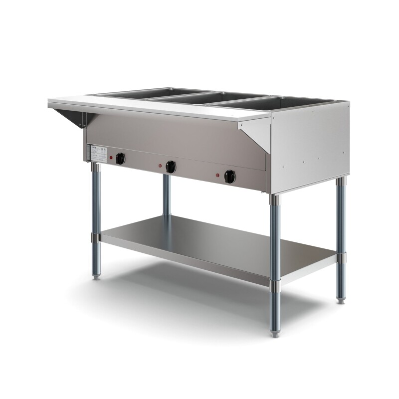 Three Pan Open Well Electric Steam Table with Undershelf KMOWS3, product image 4 of 9
