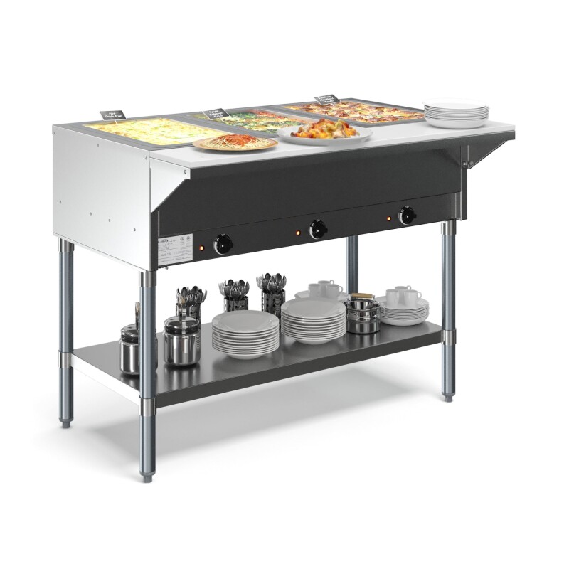 Three Pan Open Well Electric Steam Table with Undershelf KMOWS3, product image 6 of 9