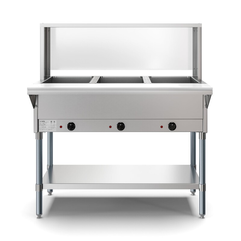 Three Pan Open Well Electric Steam Table with Undershelf and Sneeze-Guard KMOWS3SG
