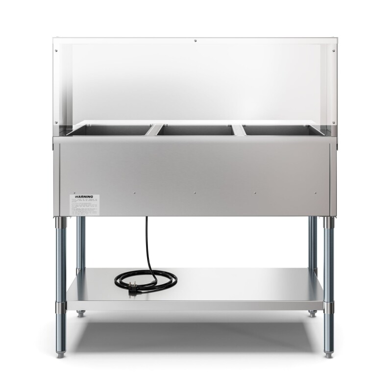 Three Pan Open Well Electric Steam Table with Undershelf and Sneeze-Guard KMOWS3SG, product image 2 of 9