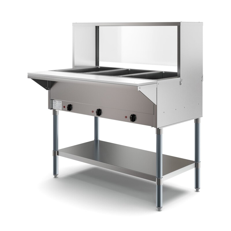 Three Pan Open Well Electric Steam Table with Undershelf and Sneeze-Guard KMOWS3SG, product image 3 of 9