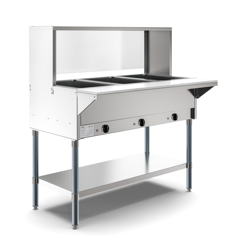Three Pan Open Well Electric Steam Table with Undershelf and Sneeze-Guard KMOWS3SG, product image 4 of 9