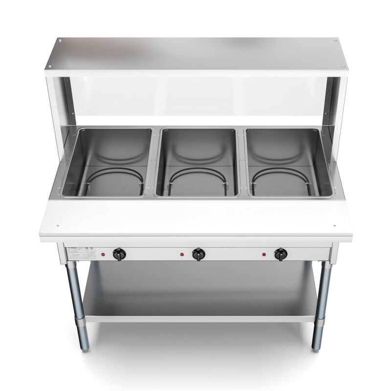 Three Pan Open Well Electric Steam Table with Undershelf and Sneeze-Guard KMOWS3SG, product image 5 of 9