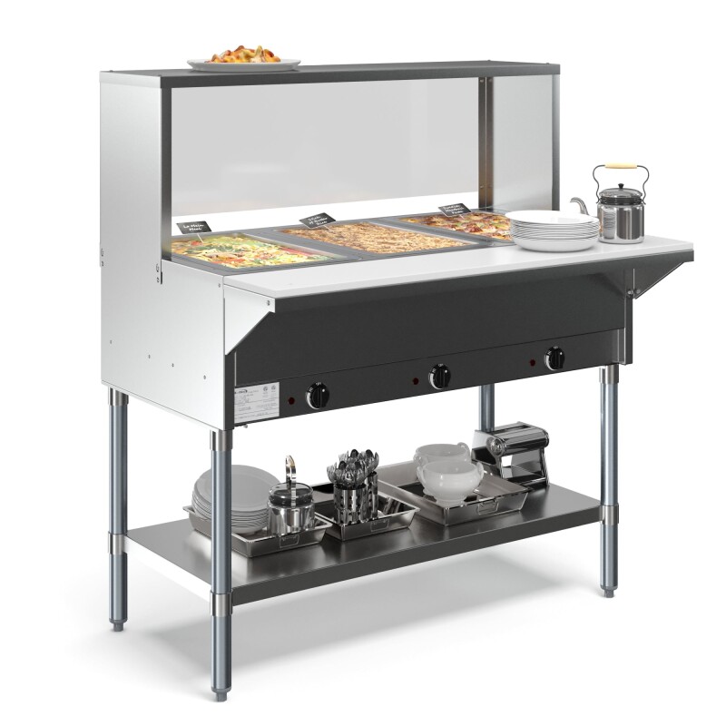 Three Pan Open Well Electric Steam Table with Undershelf and Sneeze-Guard KMOWS3SG, product image 6 of 9