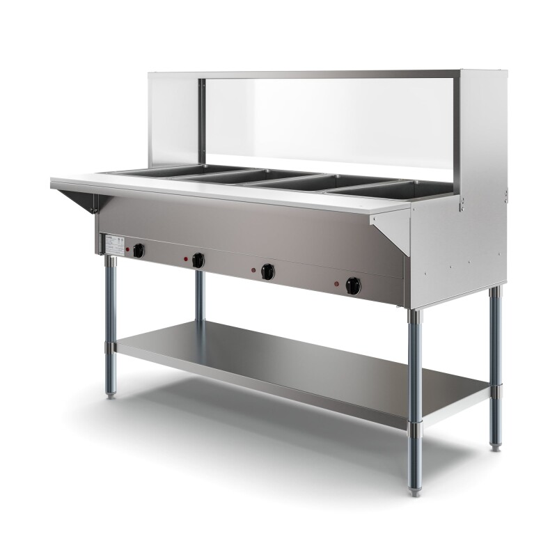 Four Pan Open Well Electric Steam Table with Undershelf and Sneeze-Guard KMOWS4SG, product image 3 of 9