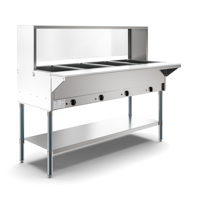 Four Pan Open Well Electric Steam Table with Undershelf and Sneeze-Guard KMOWS4SG, product image 4 of 9