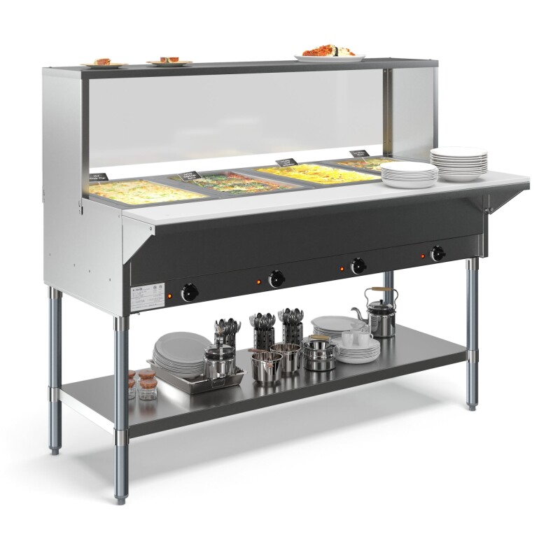 Four Pan Open Well Electric Steam Table with Undershelf and Sneeze-Guard KMOWS4SG, product image 6 of 9