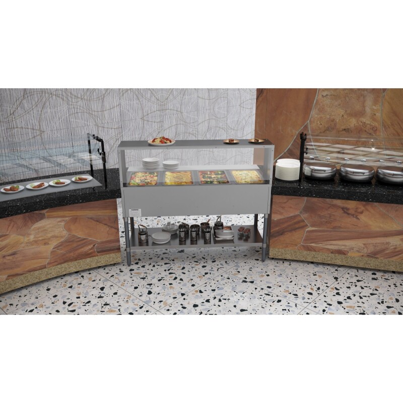 Four Pan Open Well Electric Steam Table with Undershelf and Sneeze-Guard KMOWS4SG, product image 9 of 9