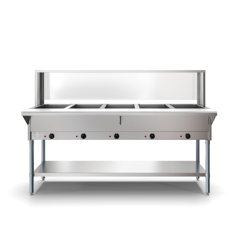 Five Pan Open Well Electric Steam Table with Undershelf and Sneeze-Guard, 240V KMOWS5SG