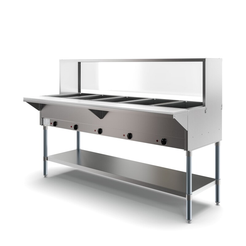 Five Pan Open Well Electric Steam Table with Undershelf and Sneeze-Guard, 240V KMOWS5SG, product image 3 of 9