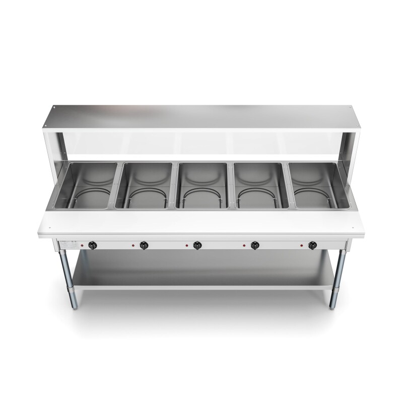 Five Pan Open Well Electric Steam Table with Undershelf and Sneeze-Guard, 240V KMOWS5SG, product image 5 of 9