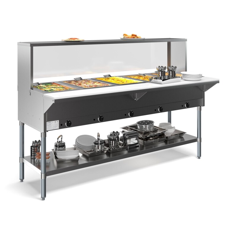 Five Pan Open Well Electric Steam Table with Undershelf and Sneeze-Guard, 240V KMOWS5SG, product image 6 of 9