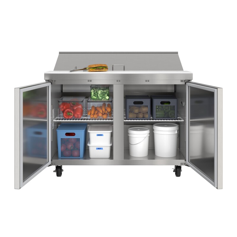 46 in. Commercial 2-Door Refrigeratd Salad and Sandwich Prep Table, 12 Pan Capacity and 14 Cu. Ft. of Storage in Stainless-Steel KMPTR462D, product image 2 of 13