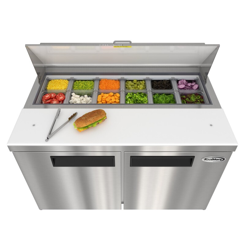 46 in. Commercial 2-Door Refrigeratd Salad and Sandwich Prep Table, 12 Pan Capacity and 14 Cu. Ft. of Storage in Stainless-Steel KMPTR462D, product image 4 of 13