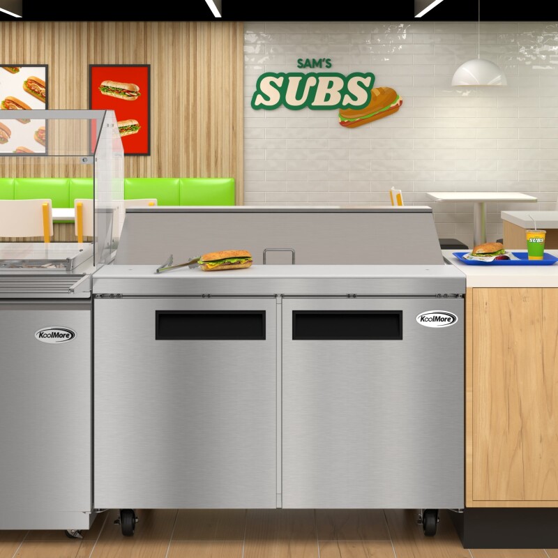 46 in. Commercial 2-Door Refrigeratd Salad and Sandwich Prep Table, 12 Pan Capacity and 14 Cu. Ft. of Storage in Stainless-Steel KMPTR462D, product image 5 of 13