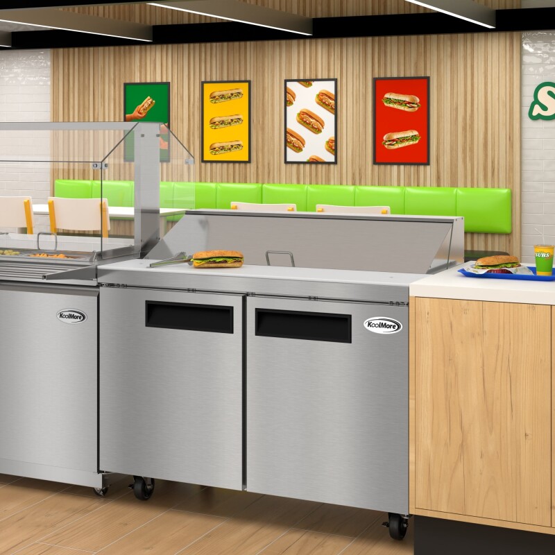 46 in. Commercial 2-Door Refrigeratd Salad and Sandwich Prep Table, 12 Pan Capacity and 14 Cu. Ft. of Storage in Stainless-Steel KMPTR462D, product image 6 of 13