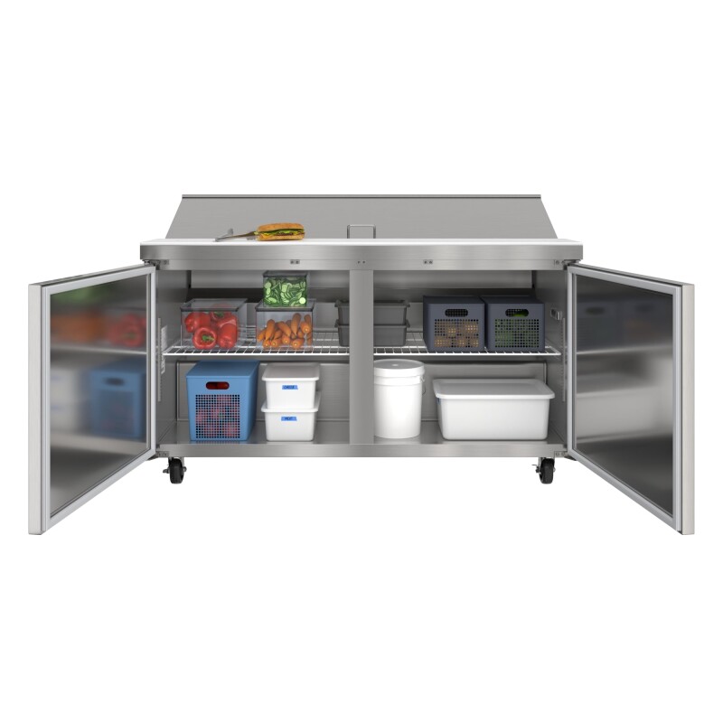 60 in. Commercial 2-Door Refrigerated Salad and Sandwich Prep Table, 16 Pan Capacity and 18.4 Cu. Ft. of Storage in Stainless-Steel KMPTR602D, product image 2 of 13