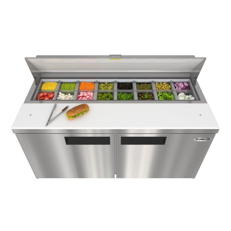 60 in. Commercial 2-Door Refrigerated Salad and Sandwich Prep Table, 16 Pan Capacity and 18.4 Cu. Ft. of Storage in Stainless-Steel KMPTR602D, product image 4 of 13