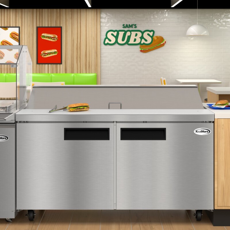 60 in. Commercial 2-Door Refrigerated Salad and Sandwich Prep Table, 16 Pan Capacity and 18.4 Cu. Ft. of Storage in Stainless-Steel KMPTR602D, product image 5 of 13